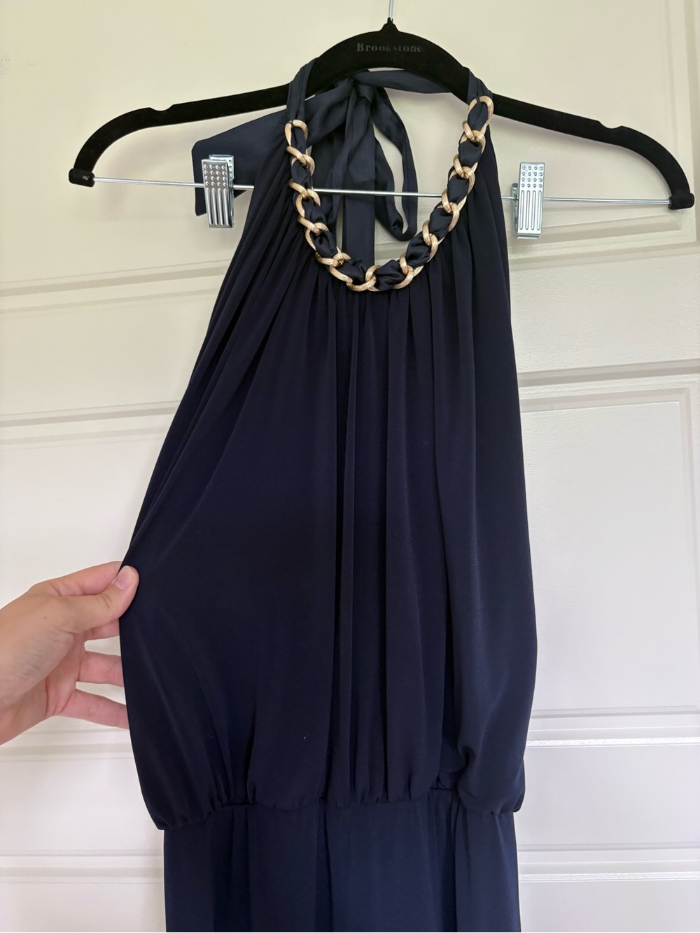 Sleeveless Navy Halter Jumpsuit with Gold Chain Detail